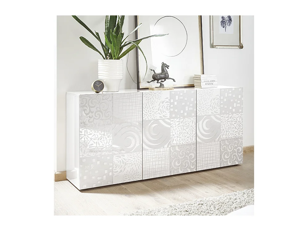 Madia design moderno per living con tre ante battenti serigrafato 181x84 ML36 bianco lucido