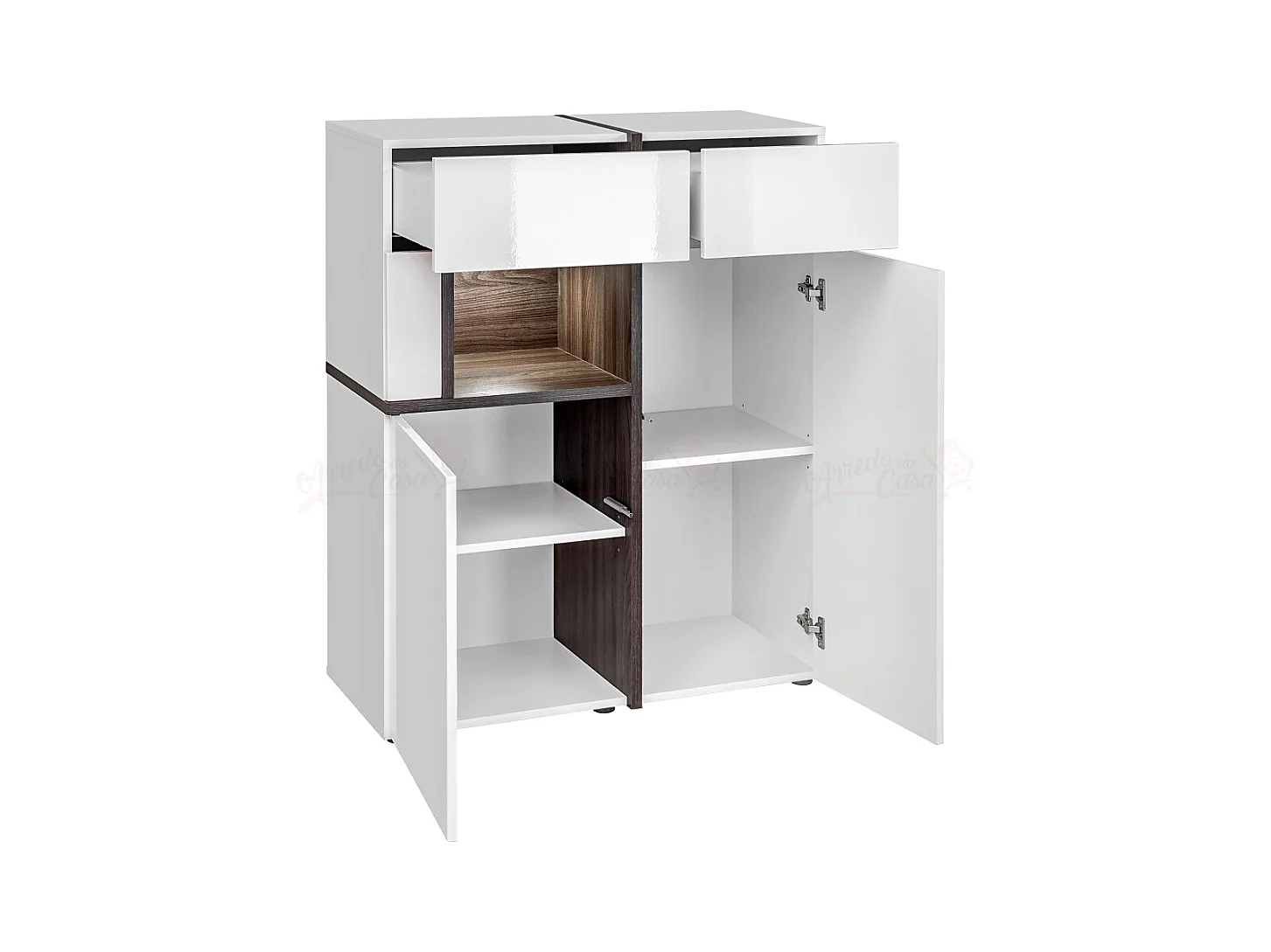 Madia dal design moderno per salotto con vetrinetta e due cassetti90x110 bianco perla e bianco lucido MP19