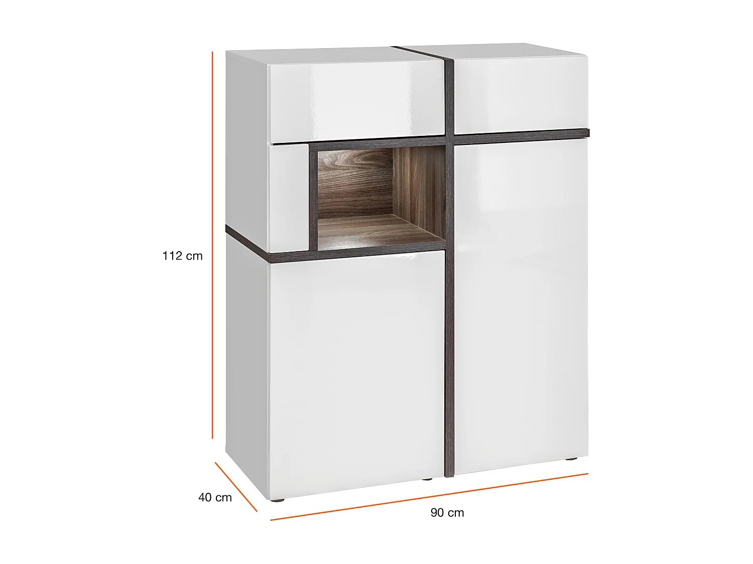 Madia dal design moderno per salotto con vetrinetta e due cassetti90x110 bianco perla e bianco lucido MP19