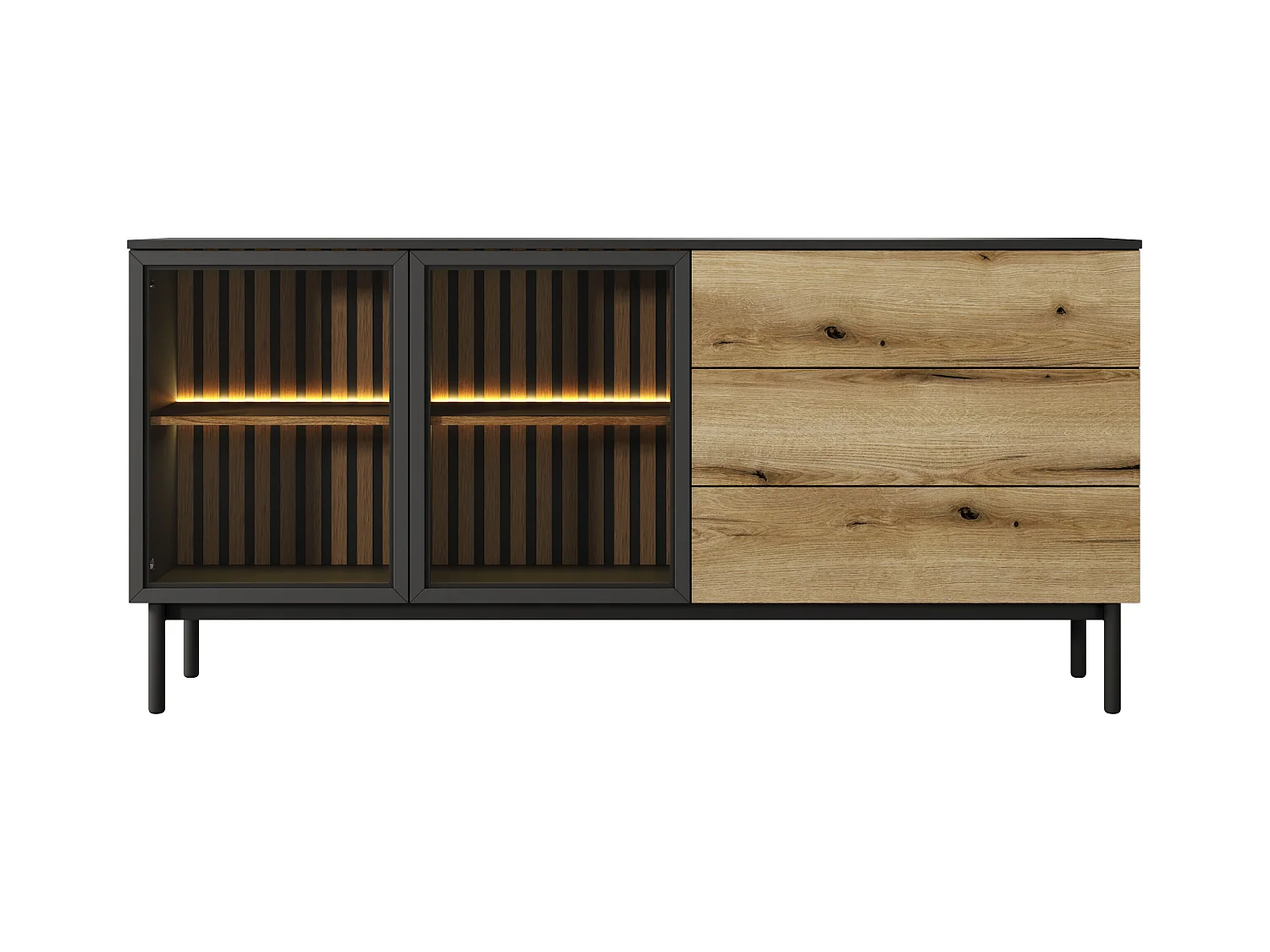Madia moderna 180x85cm con luci LED 2 ante e 3 cassetti marrone e nero MALK16