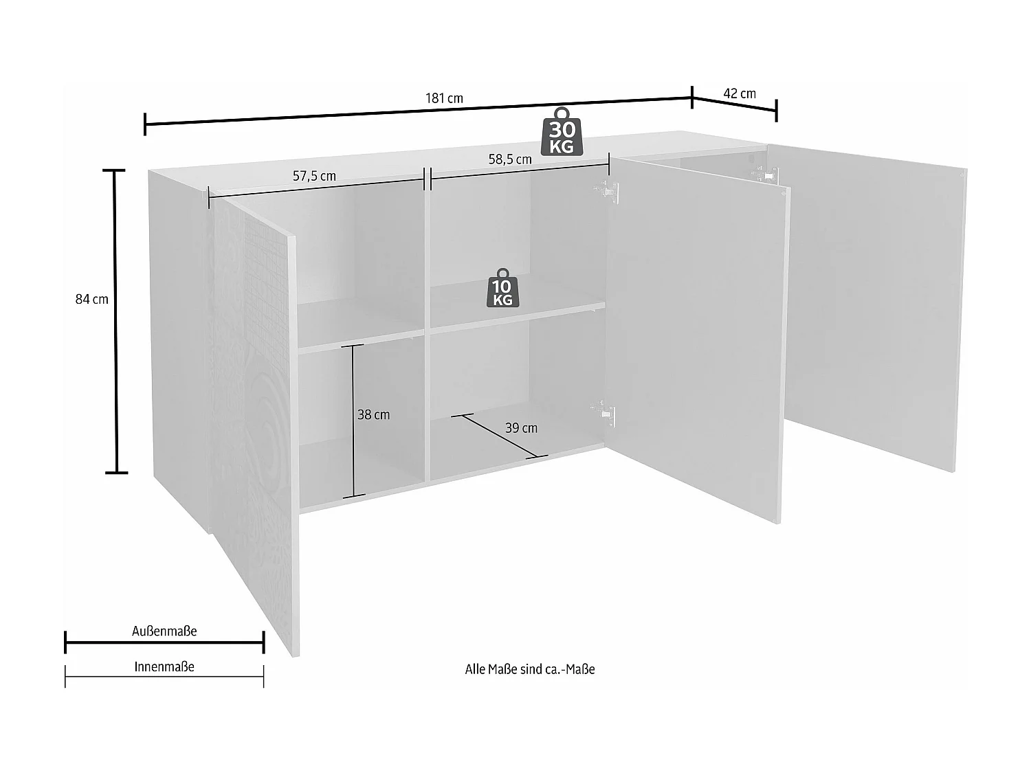 Madia design moderno per living con tre ante battenti serigrafato 181x84 ML36 rovere samoa