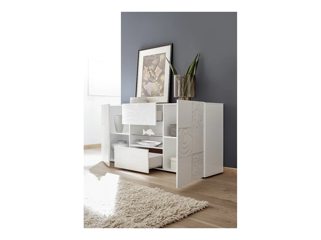 Madia moderna per la zona giorno con due ante e due cassetti serigrafato 181x84 ML35 bianco lucido