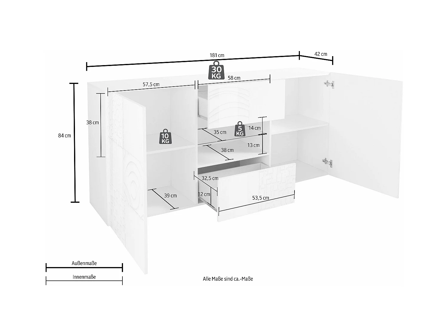 Madia moderna per la zona giorno con due ante e due cassetti serigrafato 181x84 ML35 bianco lucido