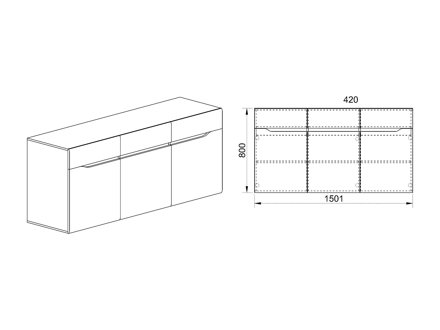 Madia design moderno con tre cassetti e tre ante da sala 150x80 bianco lucido e rovere naturale MI5