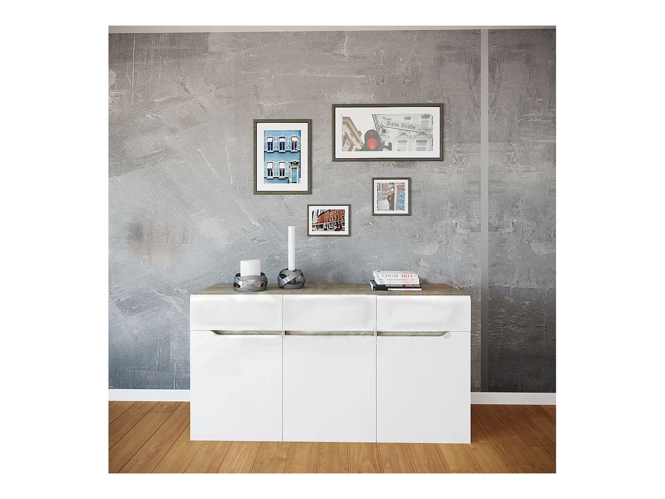 Madia design moderno con tre cassetti e tre ante da sala 150x80 bianco lucido e rovere naturale MI5