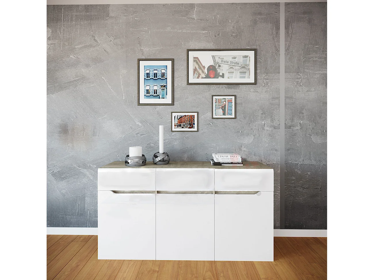 Madia design moderno con tre cassetti e tre ante da sala 150x80 bianco lucido e rovere naturale MI5