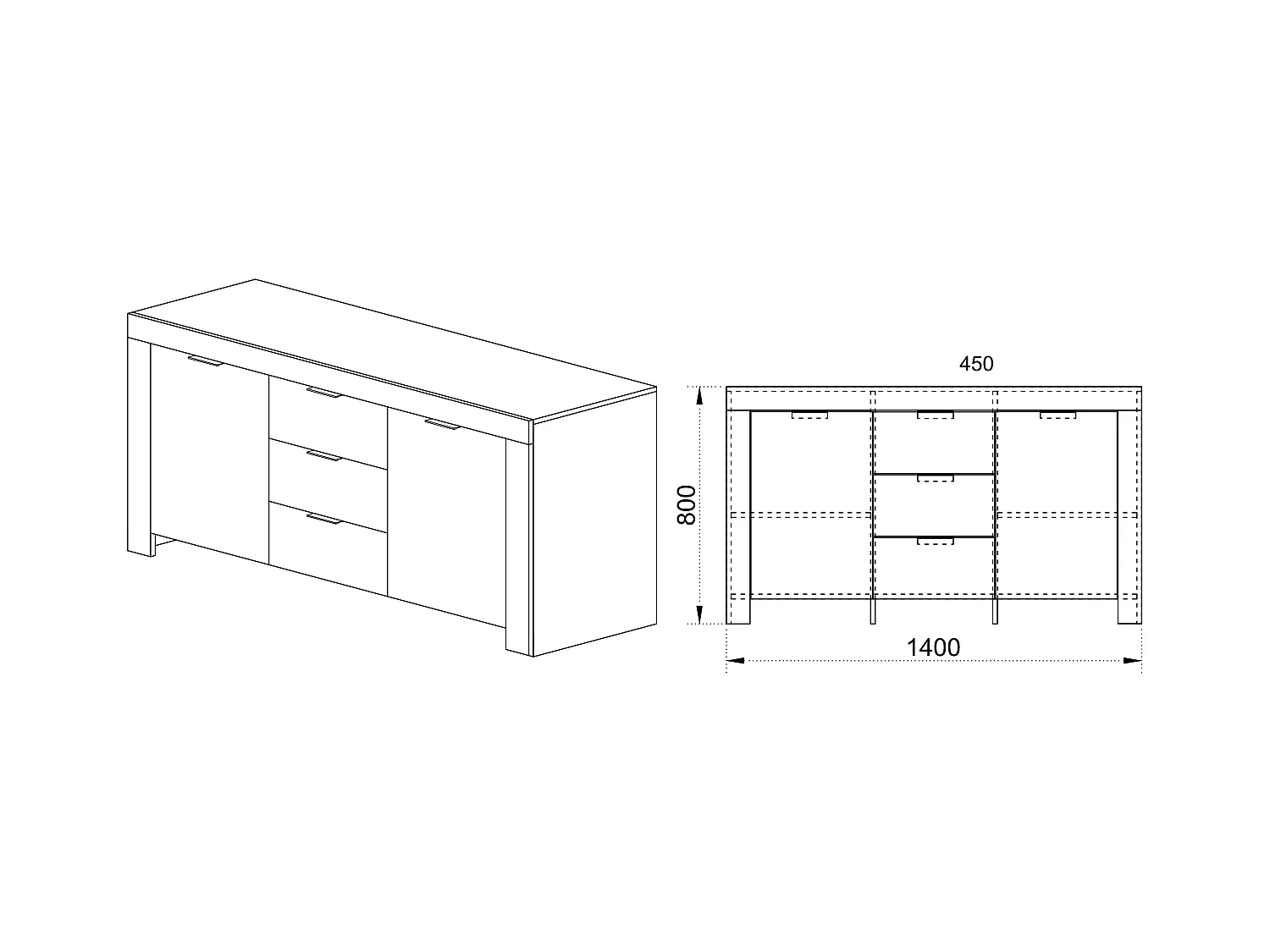 Madia da sala moderna con tre cassetti ante laterali 140x80 rovere chiaro MI3