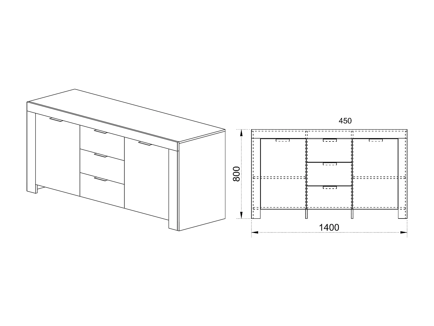 Madia da sala moderna con tre cassetti ante laterali 140x80 rovere chiaro MI3