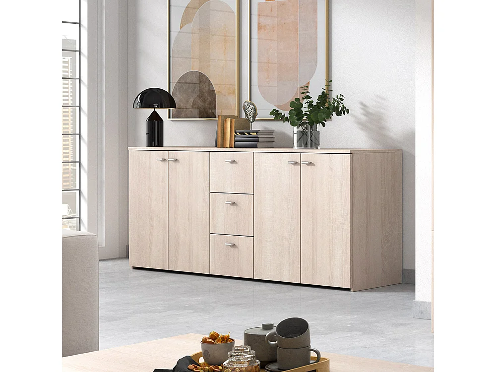 Madia moderna 180x74cm con 4 ante e 3 cassetti rovere chiaro MALK10