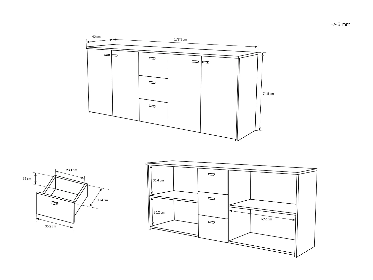 Madia moderna 180x74cm con 4 ante e 3 cassetti rovere chiaro MALK10