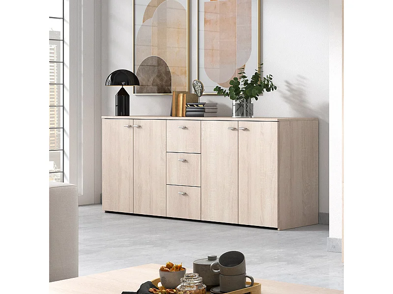 Madia moderna 180x74cm con 4 ante e 3 cassetti rovere chiaro MALK10