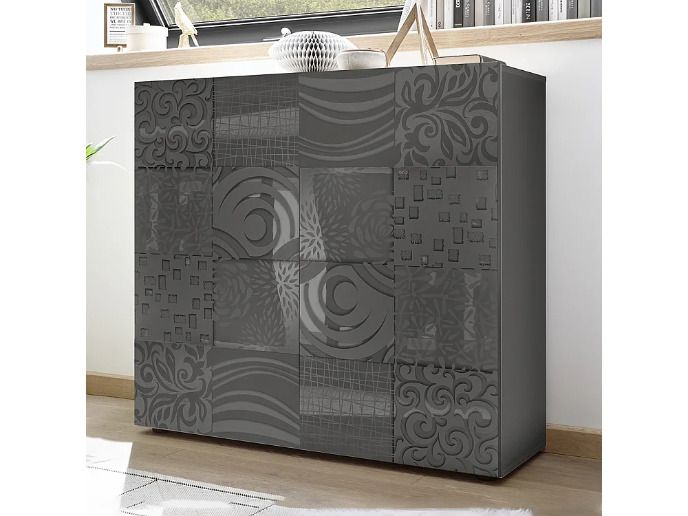 Mobile contenitore a due ante battenti design geometrico per living 121x111 MCL11 grigio serigrafato