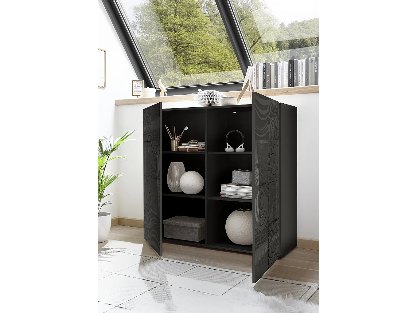 Mobile contenitore a due ante battenti design geometrico per living 121x111 MCL11 grigio serigrafato