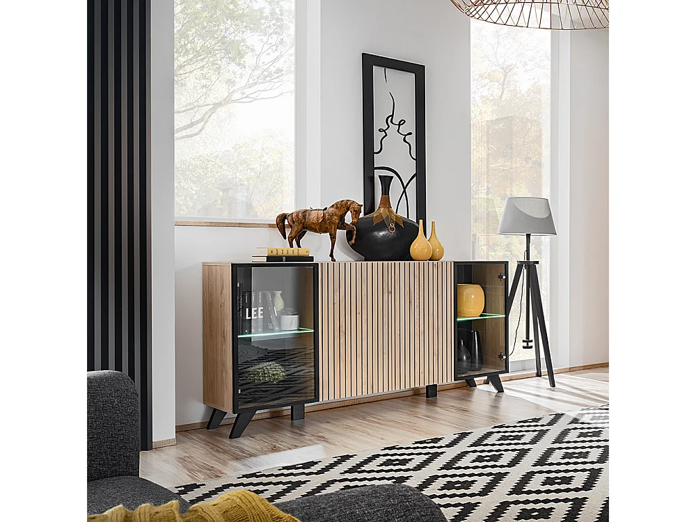 Madia moderna da soggiorno con luci a LED 160x82 MP25 rovere e stampa a strisce nere