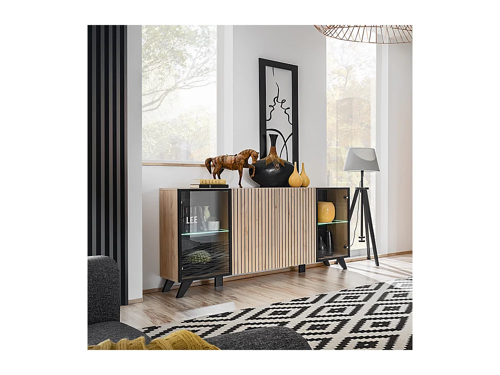 Madia moderna da soggiorno con luci a LED 160x82 MP25 rovere e stampa a strisce nere