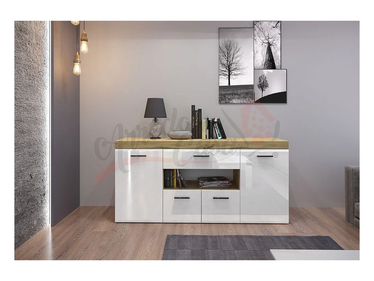Madia per sala da pranzo moderna con ante laterali e ripiano180x85 bianco lucido e rovere MI6