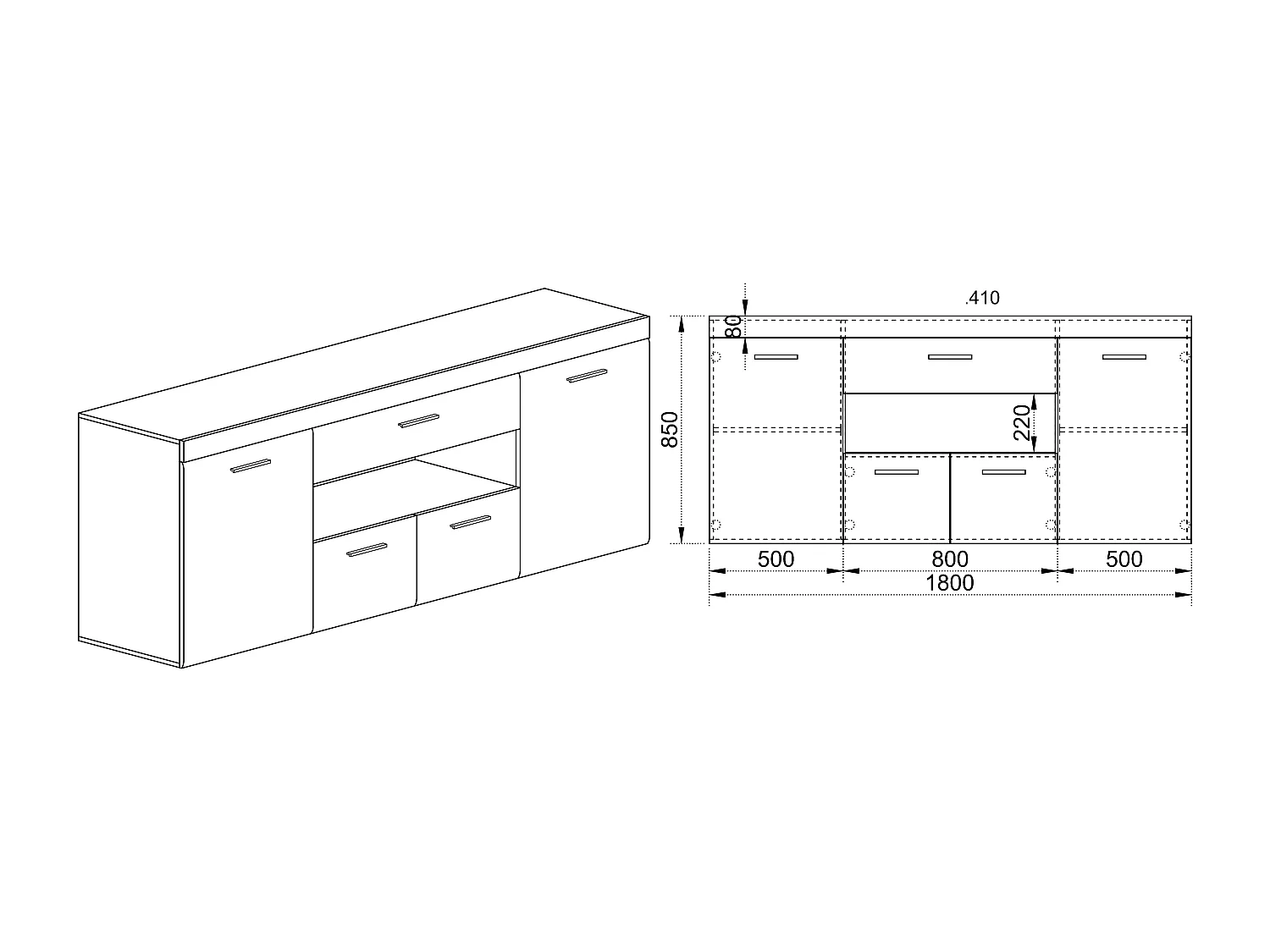 Madia per sala da pranzo moderna con ante laterali e ripiano180x85 bianco lucido e rovere MI6
