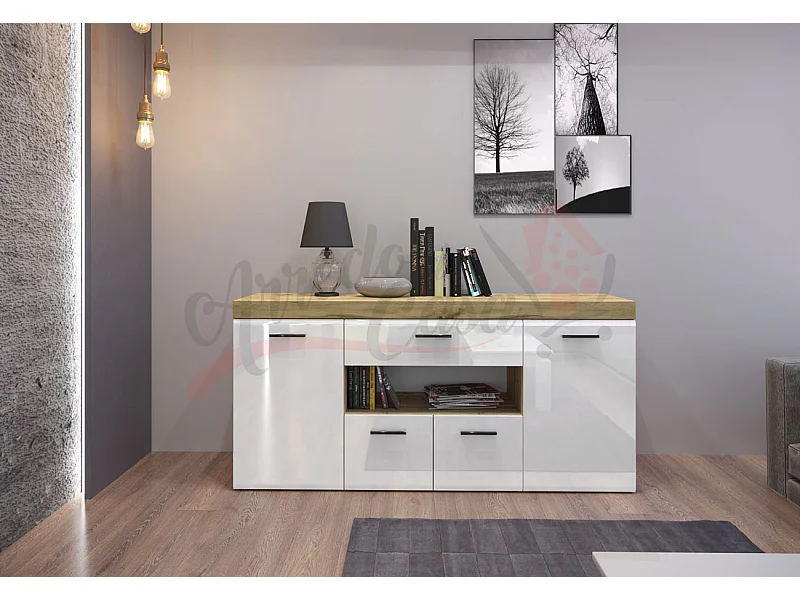 Madia per sala da pranzo moderna con ante laterali e ripiano180x85 bianco lucido e rovere MI6