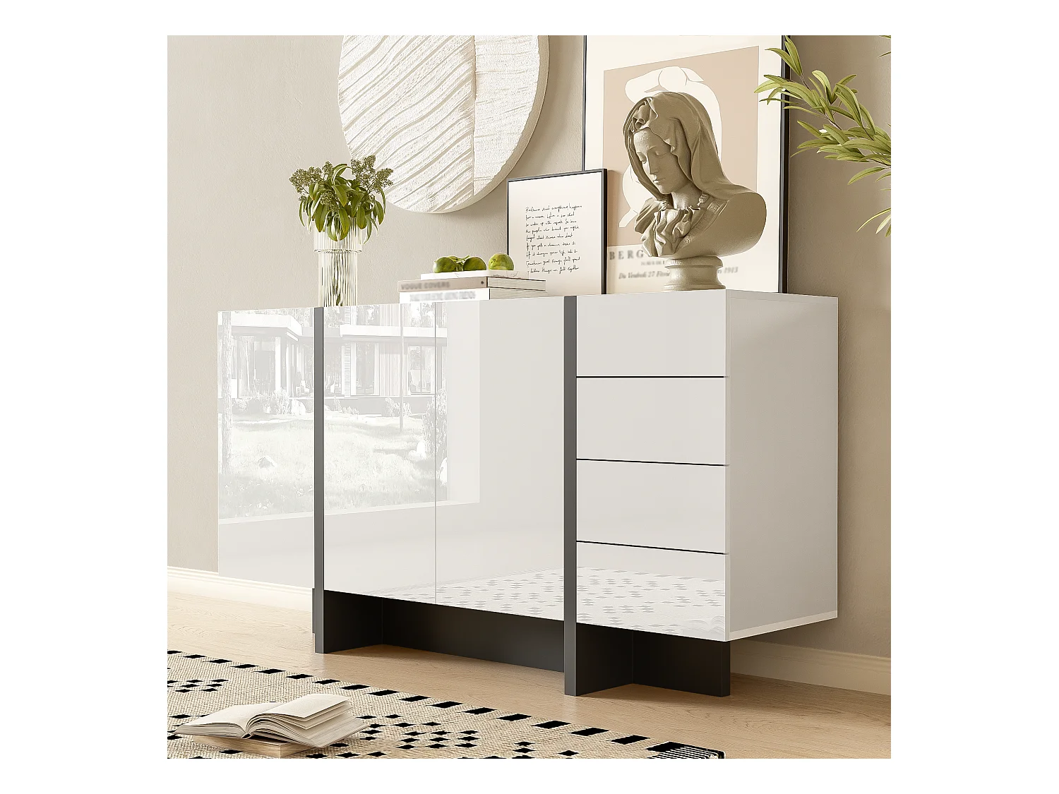 Buffet 150x40x80cm avec 3 portes et 4 tiroirs, corps en blanc laqué brillant et noir