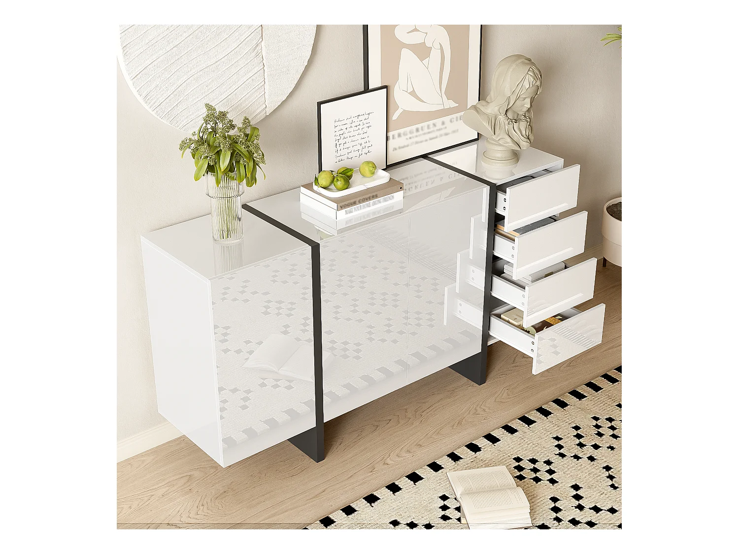 Buffet 150x40x80cm avec 3 portes et 4 tiroirs, corps en blanc laqué brillant et noir