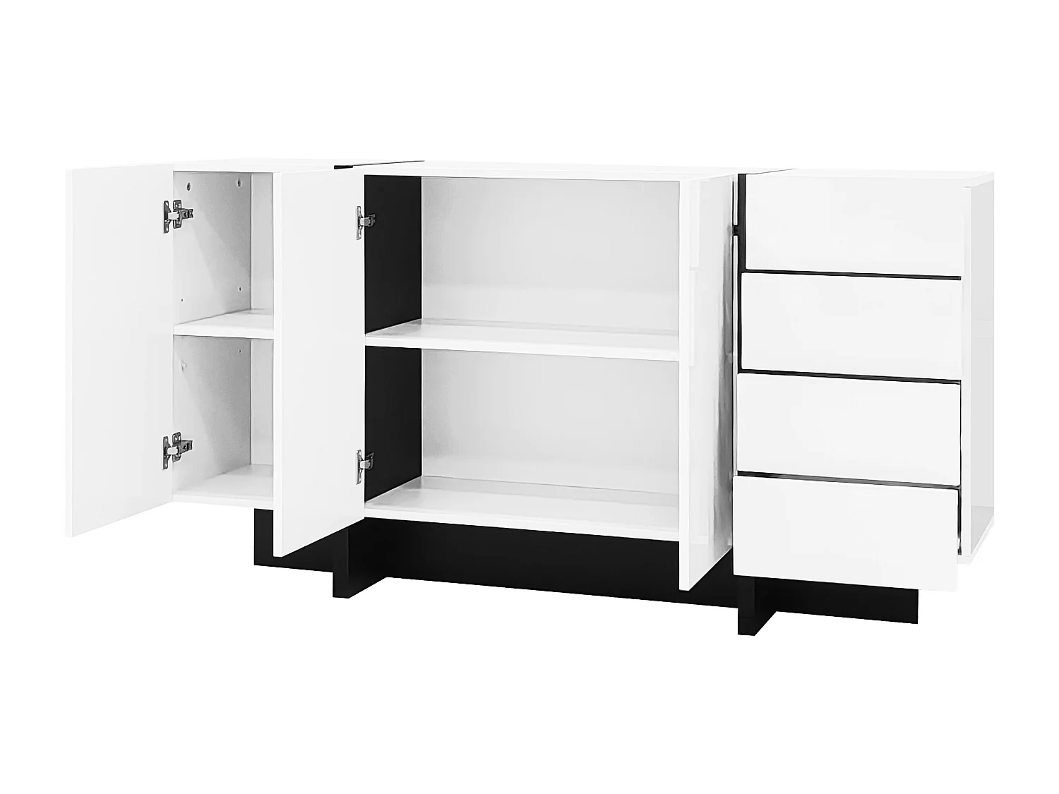 Buffet 150x40x80cm avec 3 portes et 4 tiroirs, corps en blanc laqué brillant et noir