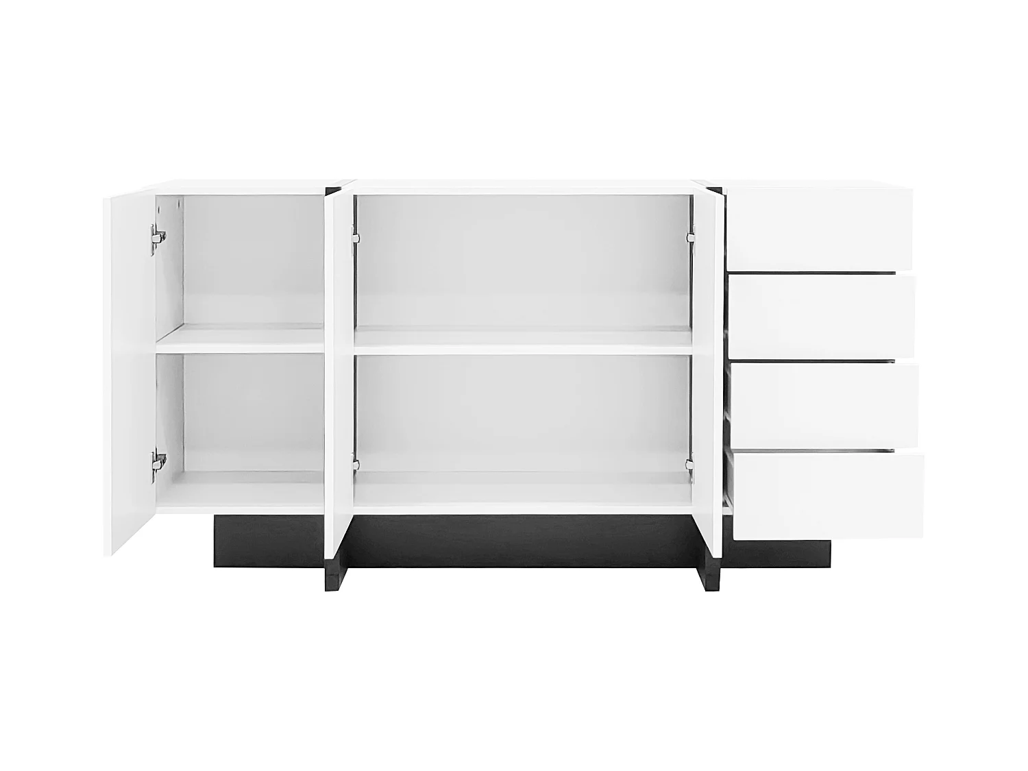 Buffet 150x40x80cm avec 3 portes et 4 tiroirs, corps en blanc laqué brillant et noir