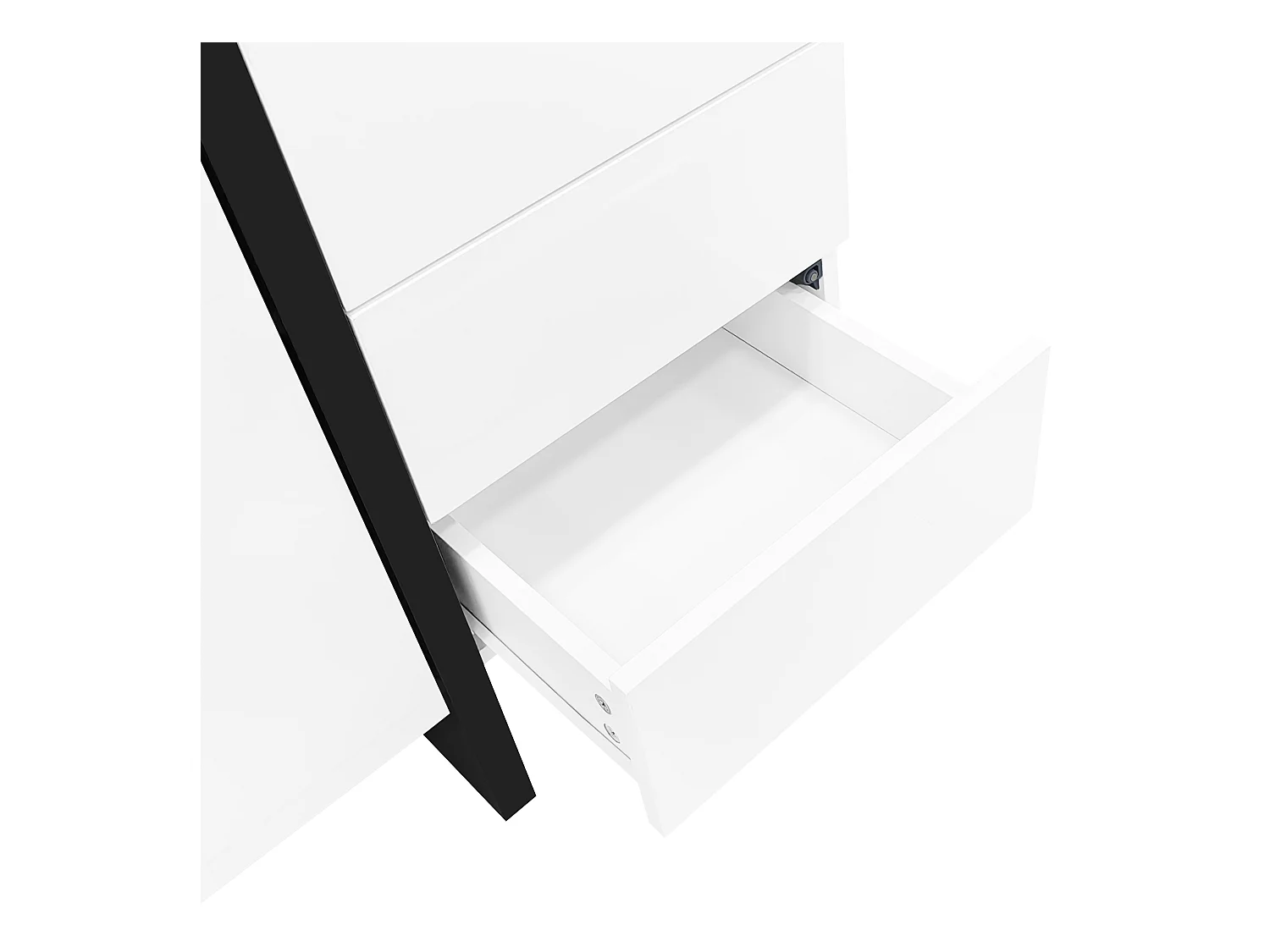 Buffet 150x40x80cm avec 3 portes et 4 tiroirs, corps en blanc laqué brillant et noir