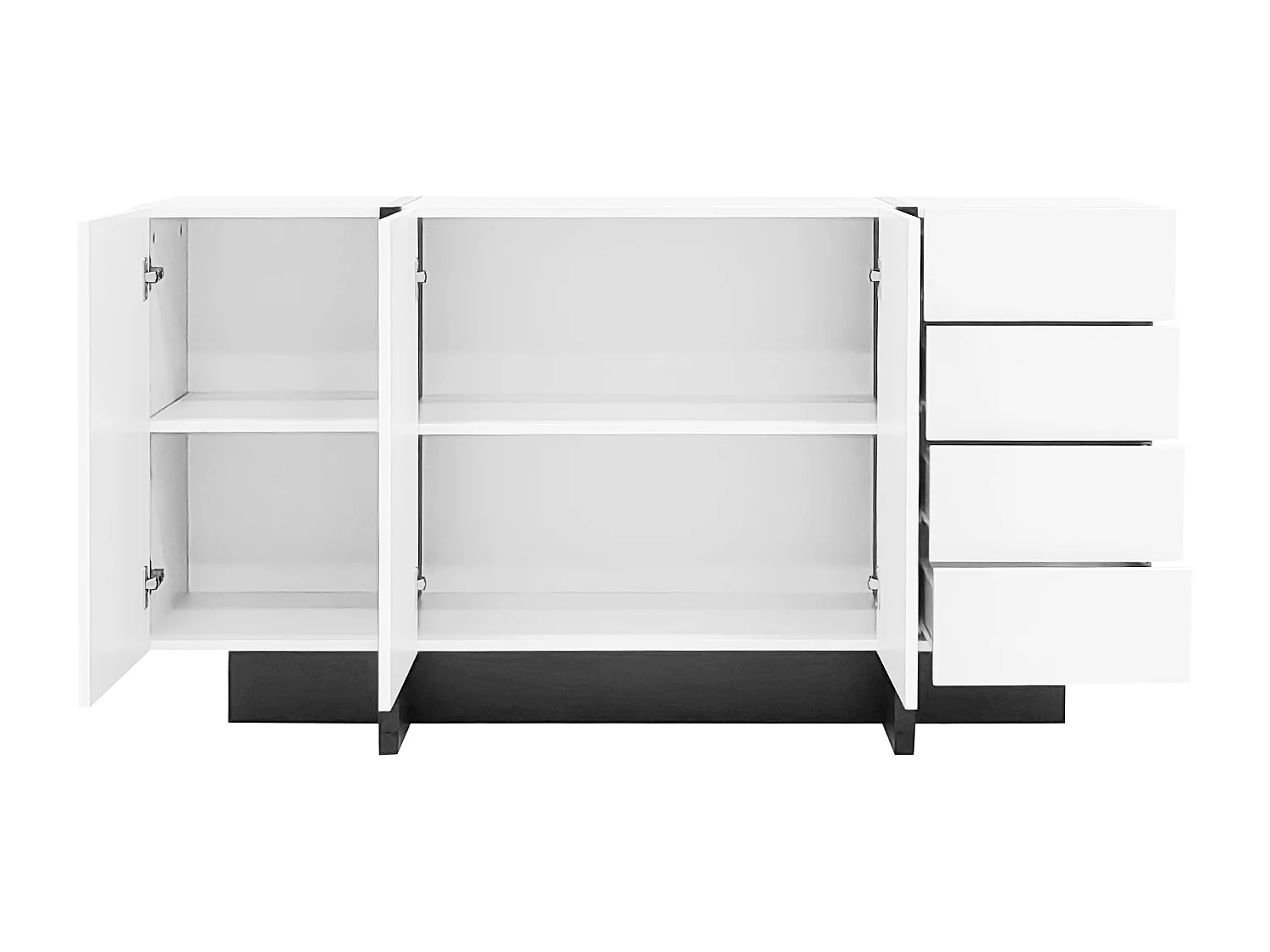 Buffet 150x40x80cm avec 3 portes et 4 tiroirs, corps en blanc laqué brillant et noir