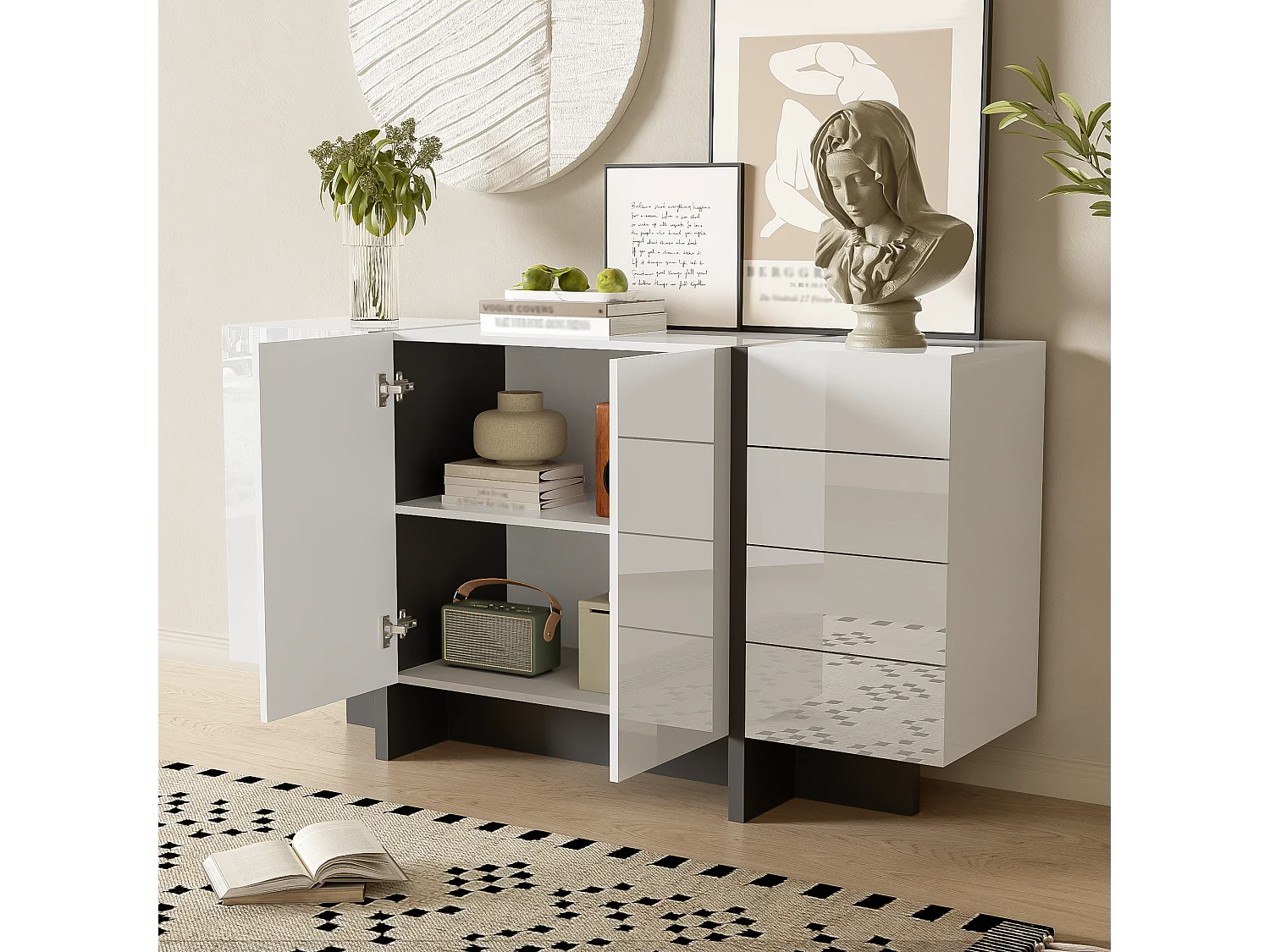 Aparador 150x40x80cm com 3 portas e 4 gavetas, corpo em laca branca brilhante e preta