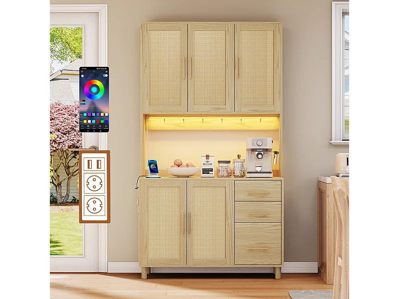 URBAN MEUBLE Vitrine haute en effet bois et rotin, éclairage LED, prises intégrées