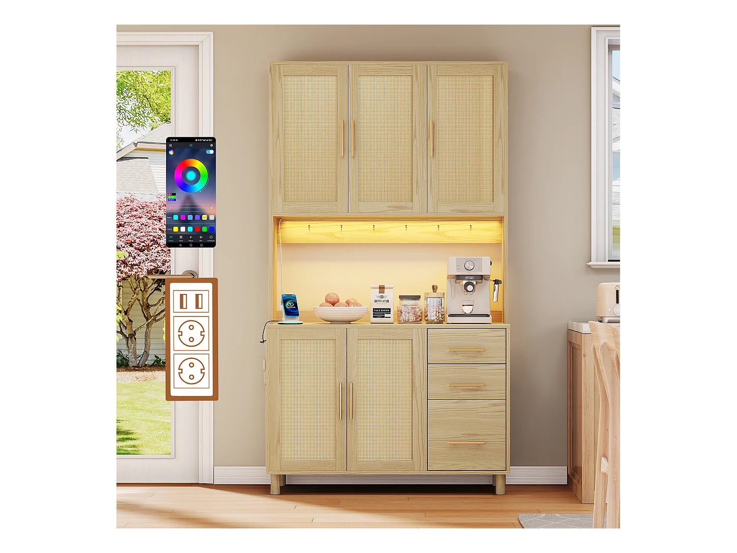 URBAN MEUBLE Vitrine haute en effet bois et rotin, éclairage LED, prises intégrées