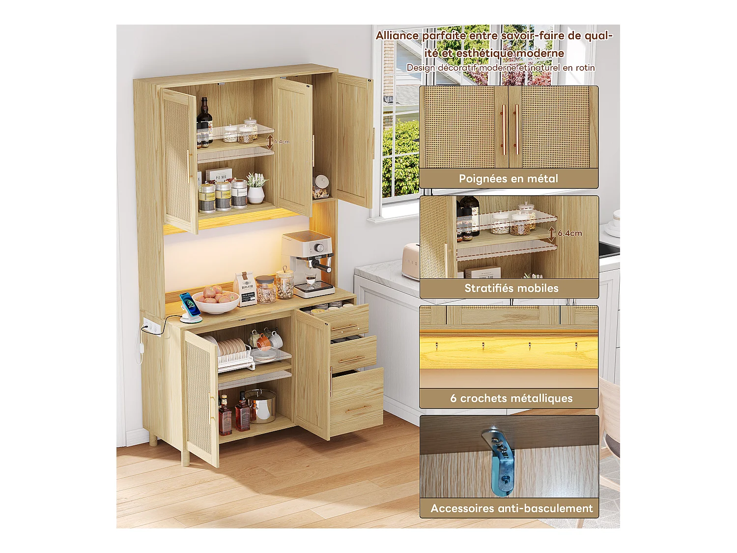 URBAN MEUBLE Vitrine haute en effet bois et rotin, éclairage LED, prises intégrées