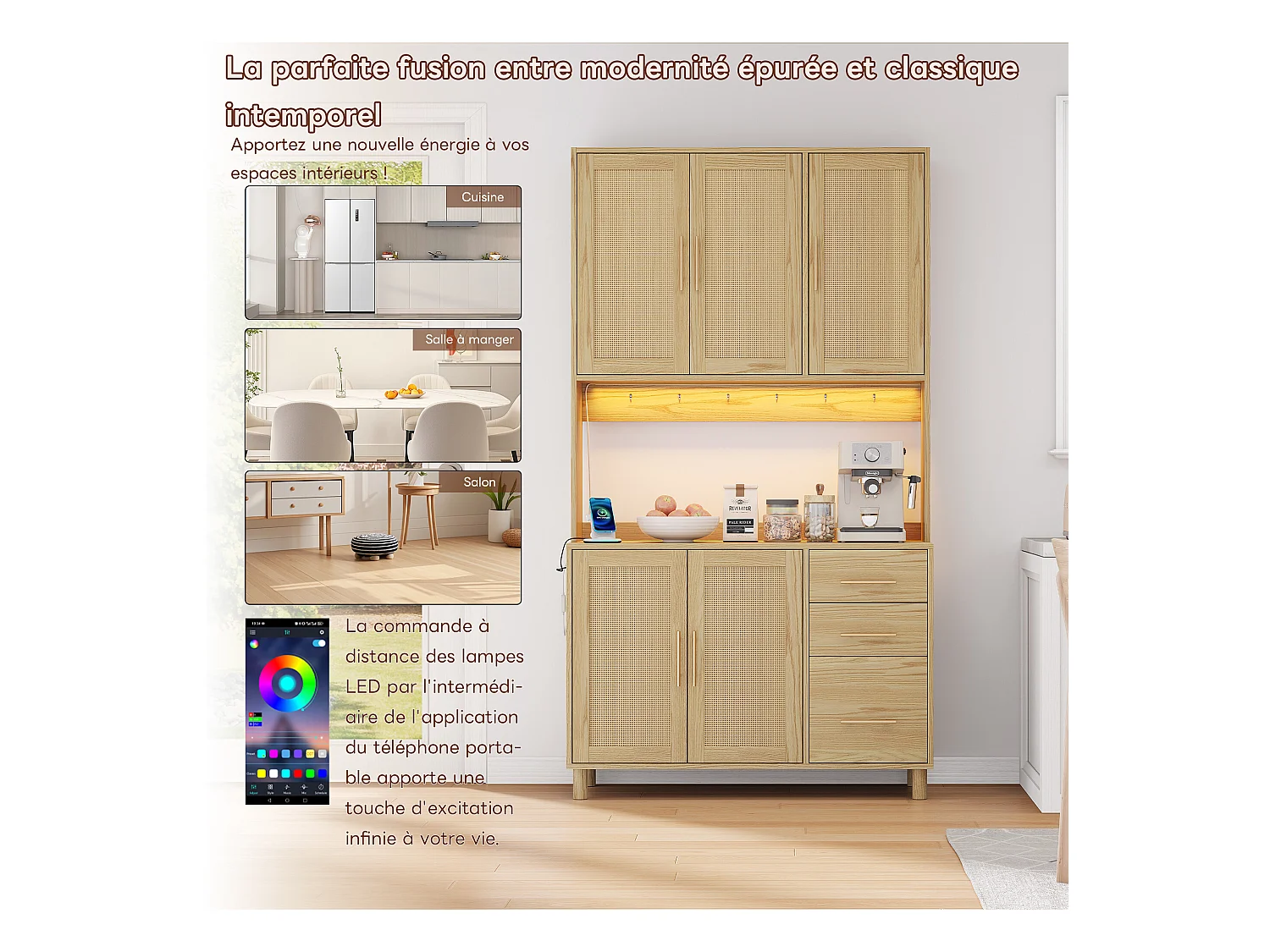 URBAN MEUBLE Vitrine haute en effet bois et rotin, éclairage LED, prises intégrées