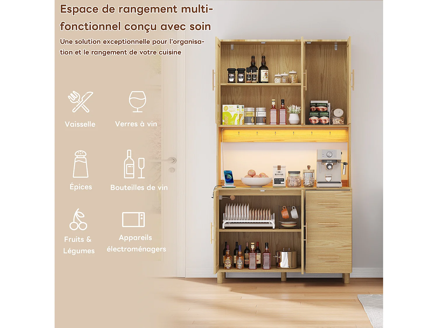 URBAN MEUBLE Vitrine haute en effet bois et rotin, éclairage LED, prises intégrées