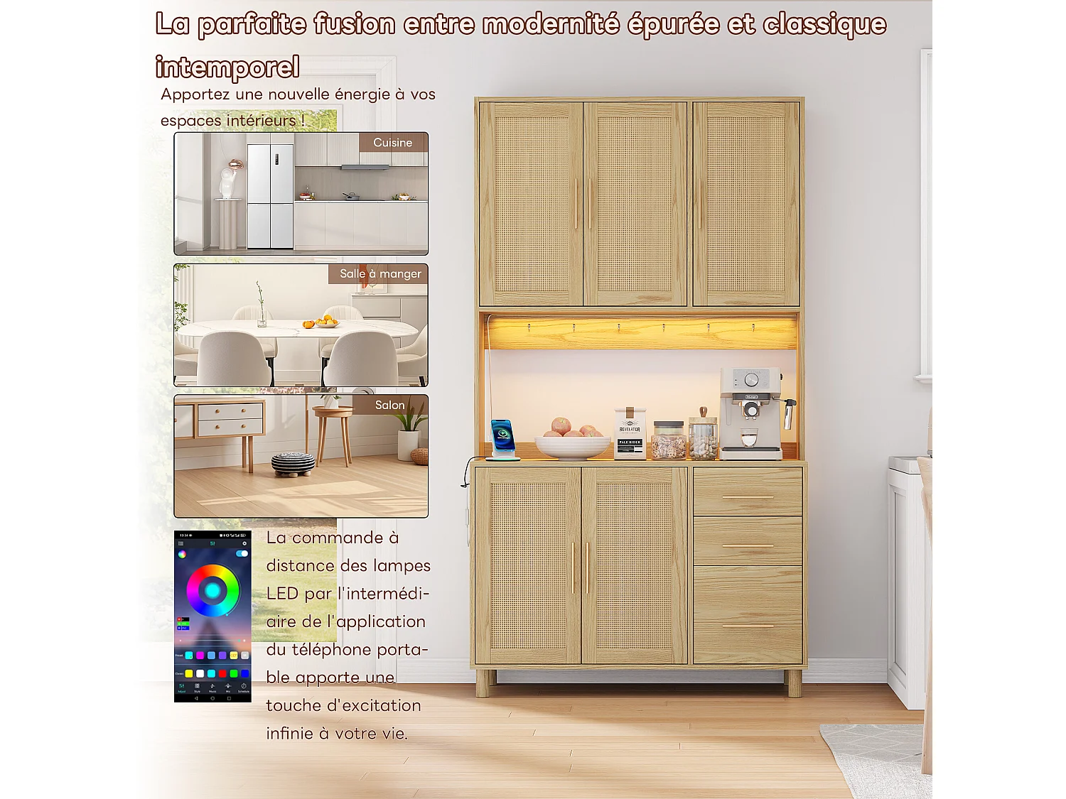 URBAN MEUBLE Vitrine haute en effet bois et rotin, éclairage LED, prises intégrées