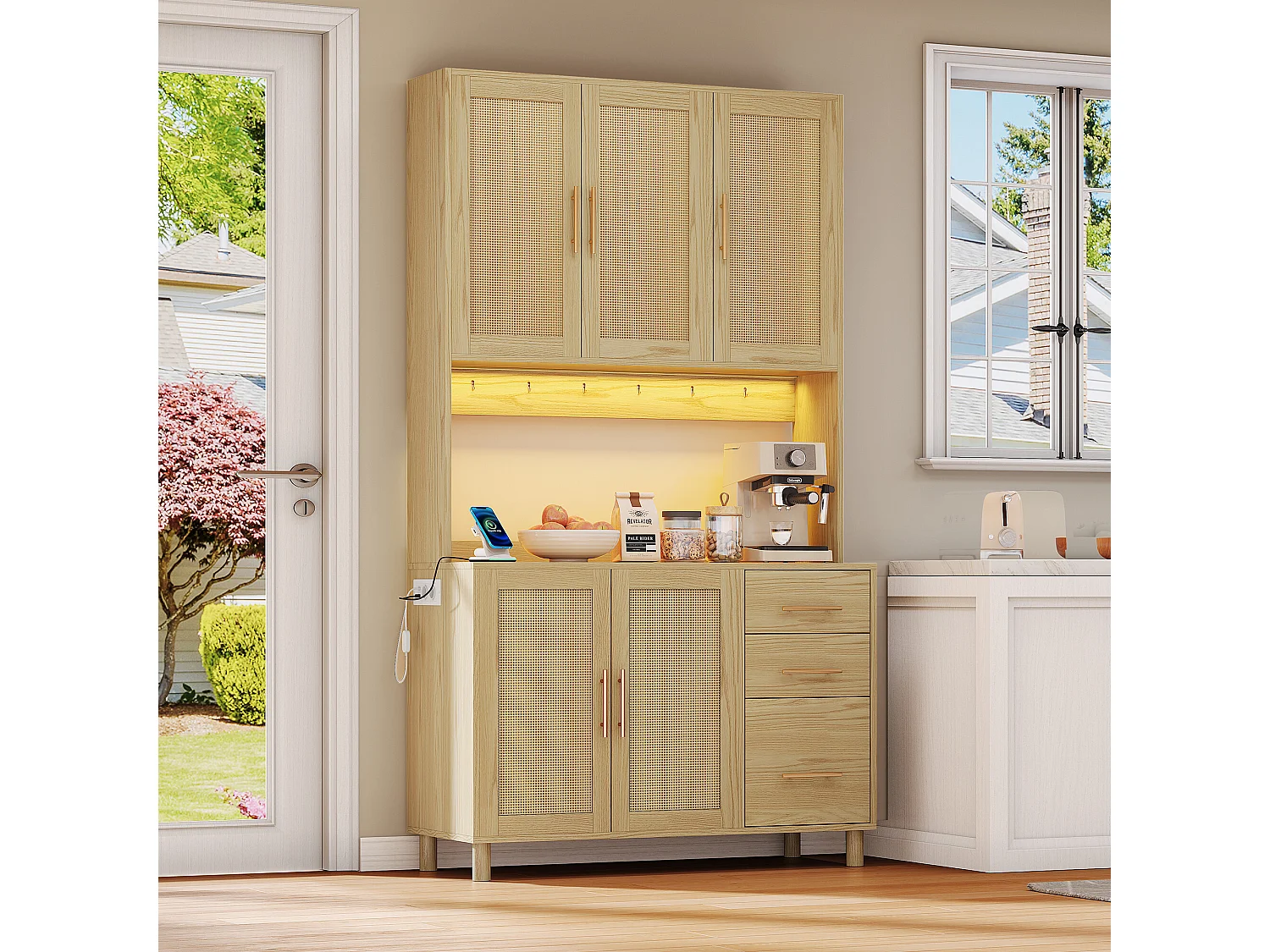 URBAN MEUBLE Vitrine haute en effet bois et rotin, éclairage LED, prises intégrées