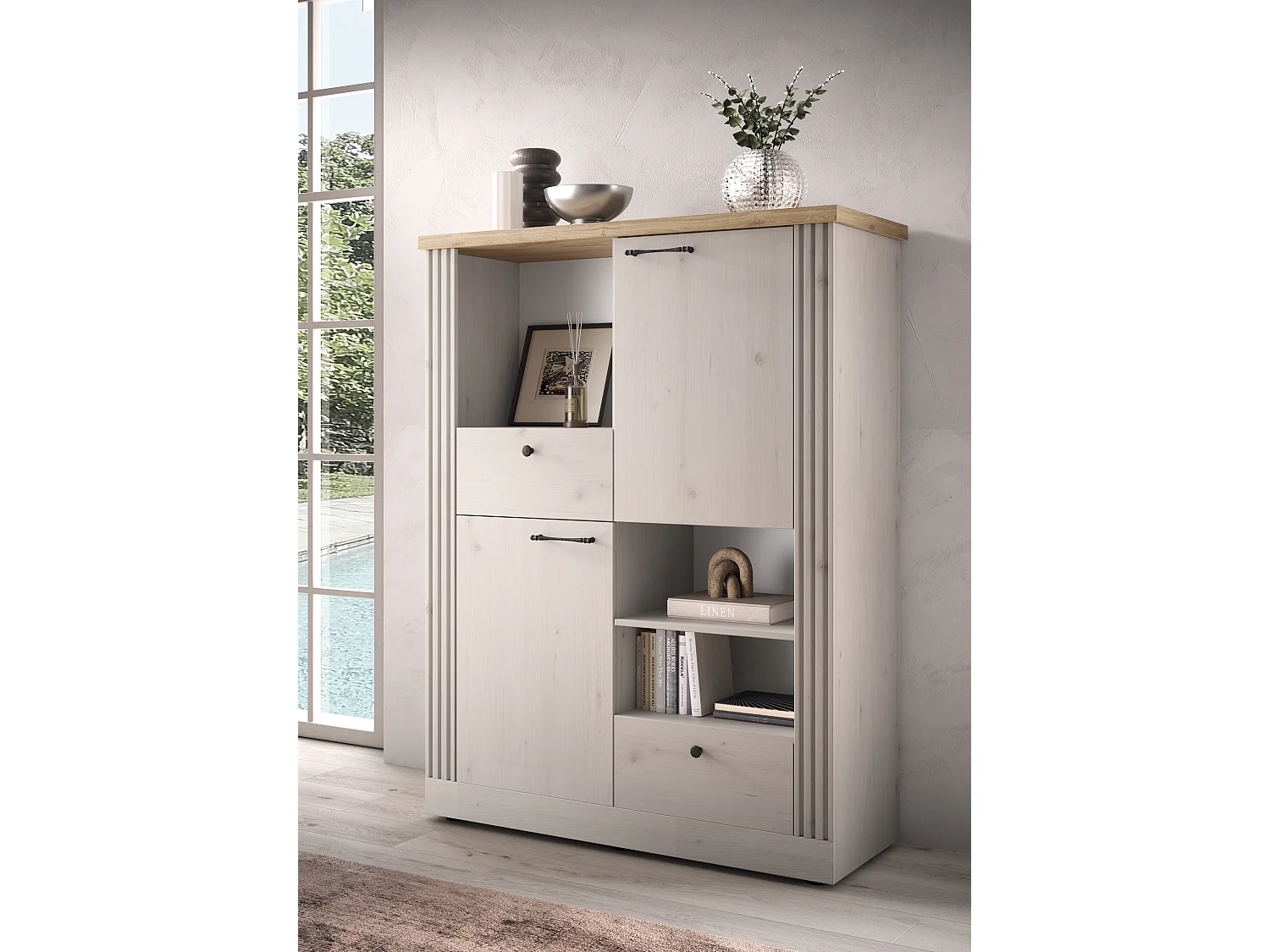 Mobile contenitore con 2 cassetti 118x160 cm bianco effetto legno e rovere MCL18