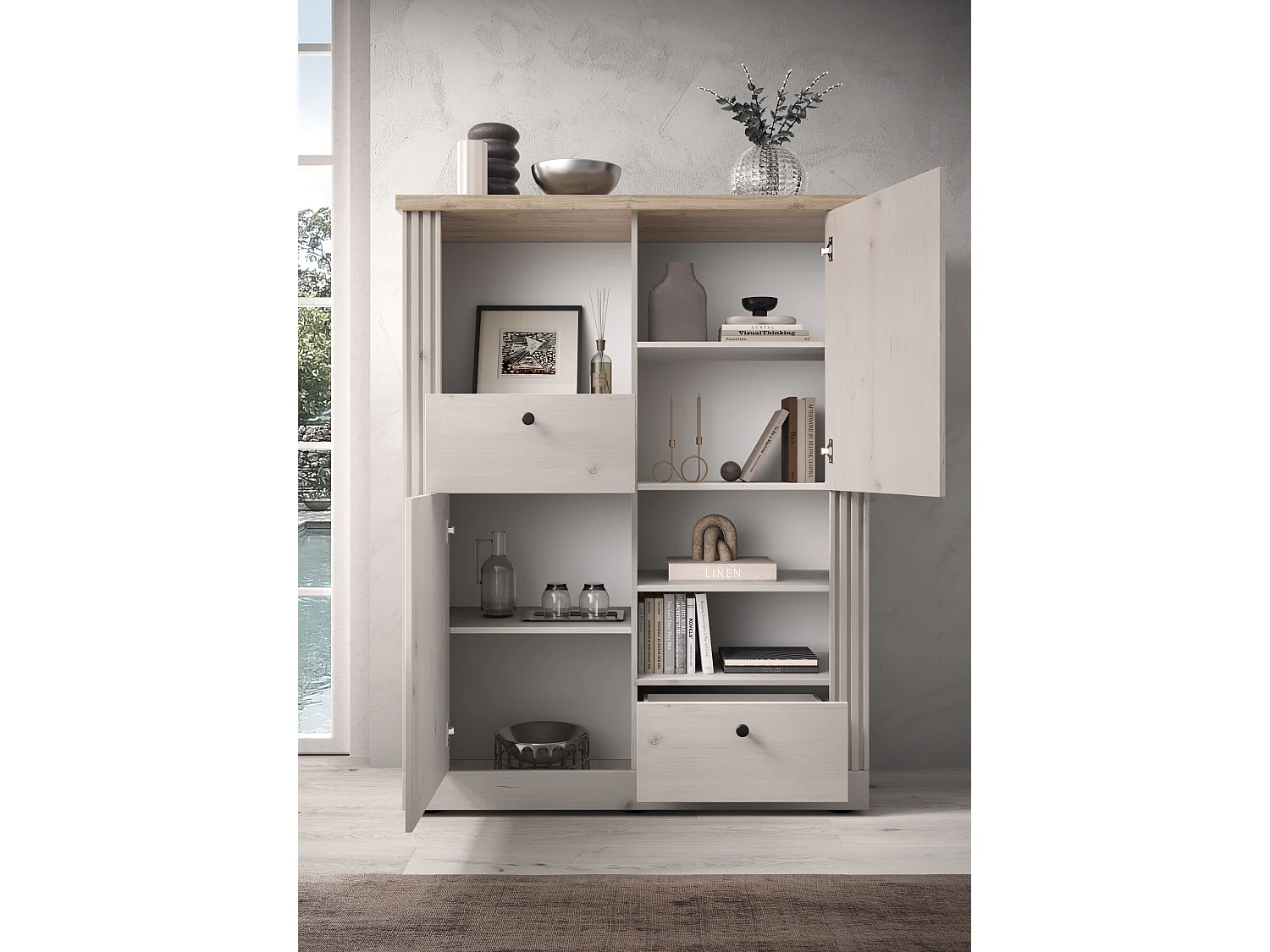 Mobile contenitore con 2 cassetti 118x160 cm bianco effetto legno e rovere MCL18