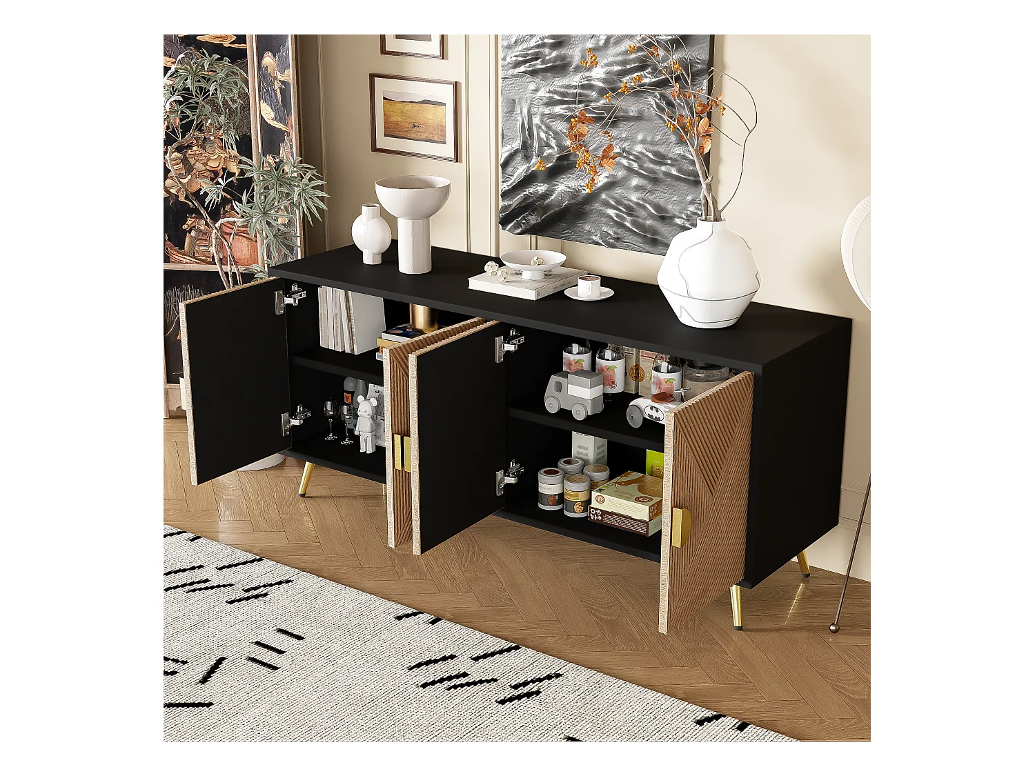 Buffet moderne 160x40x75cm avec 4 portes en imitation bois avec relief, noir avec pieds doré