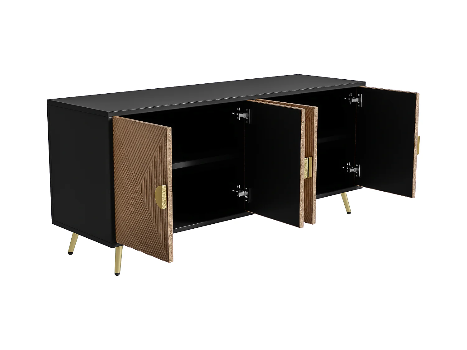 Buffet moderne 160x40x75cm avec 4 portes en imitation bois avec relief, noir avec pieds doré