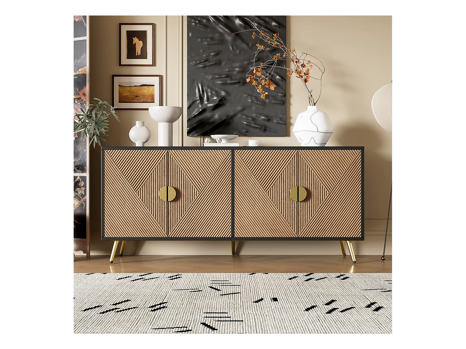 Buffet moderne 160x40x75cm avec 4 portes en imitation bois avec relief, noir avec pieds doré