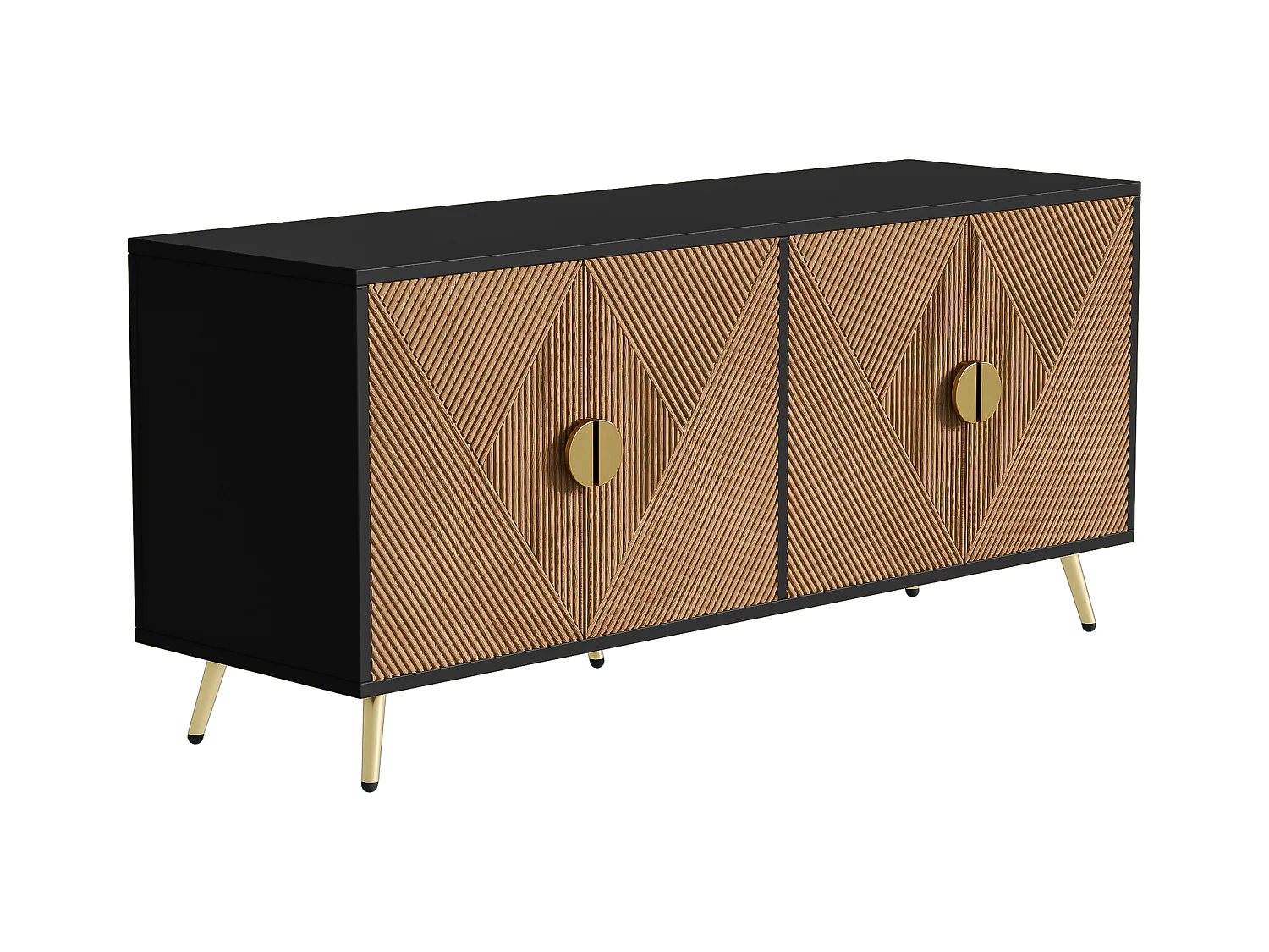 Buffet moderne 160x40x75cm avec 4 portes en imitation bois avec relief, noir avec pieds doré