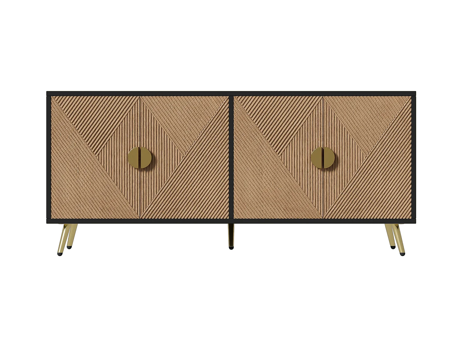 Buffet moderne 160x40x75cm avec 4 portes en imitation bois avec relief, noir avec pieds doré