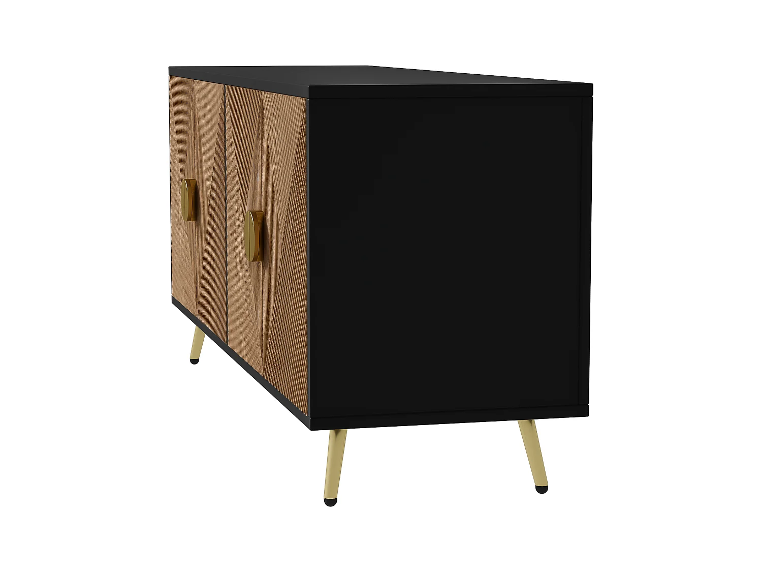 Buffet moderne 160x40x75cm avec 4 portes en imitation bois avec relief, noir avec pieds doré