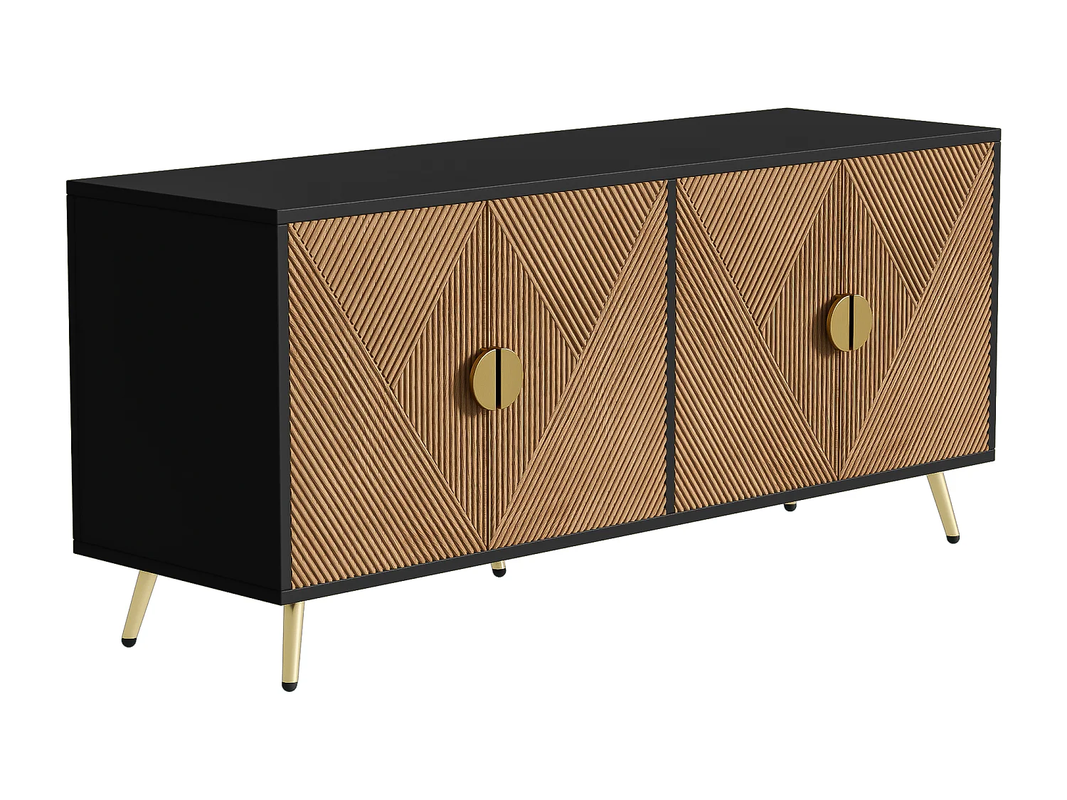 Modern dressoir 160x40x75cm met 4 deuren in imitatiehout met reliëf, zwart met gouden pootjes
