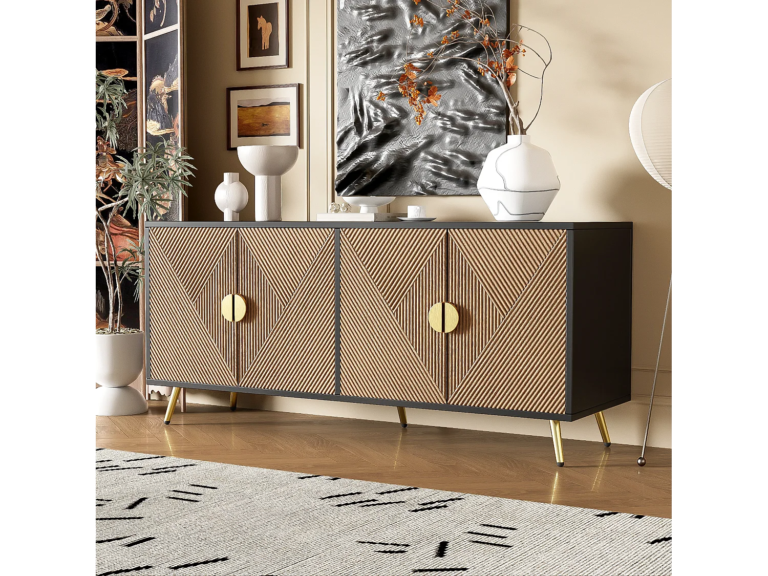 Modern dressoir 160x40x75cm met 4 deuren in imitatiehout met reliëf, zwart met gouden pootjes