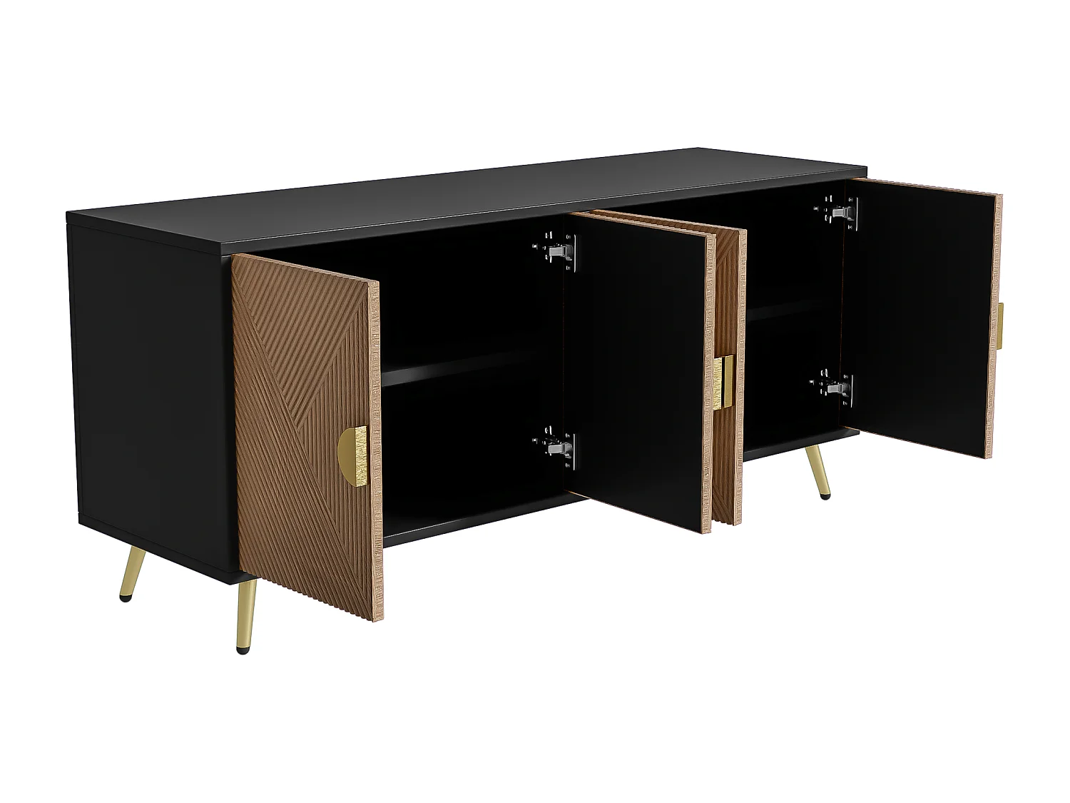 Modern dressoir 160x40x75cm met 4 deuren in imitatiehout met reliëf, zwart met gouden pootjes