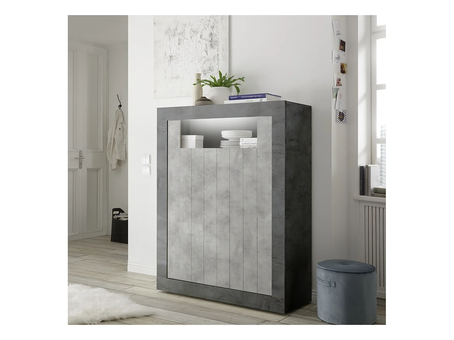 Madia alta per soggiorno con due ante design moderno 110x144 ML48 ossido e cemento