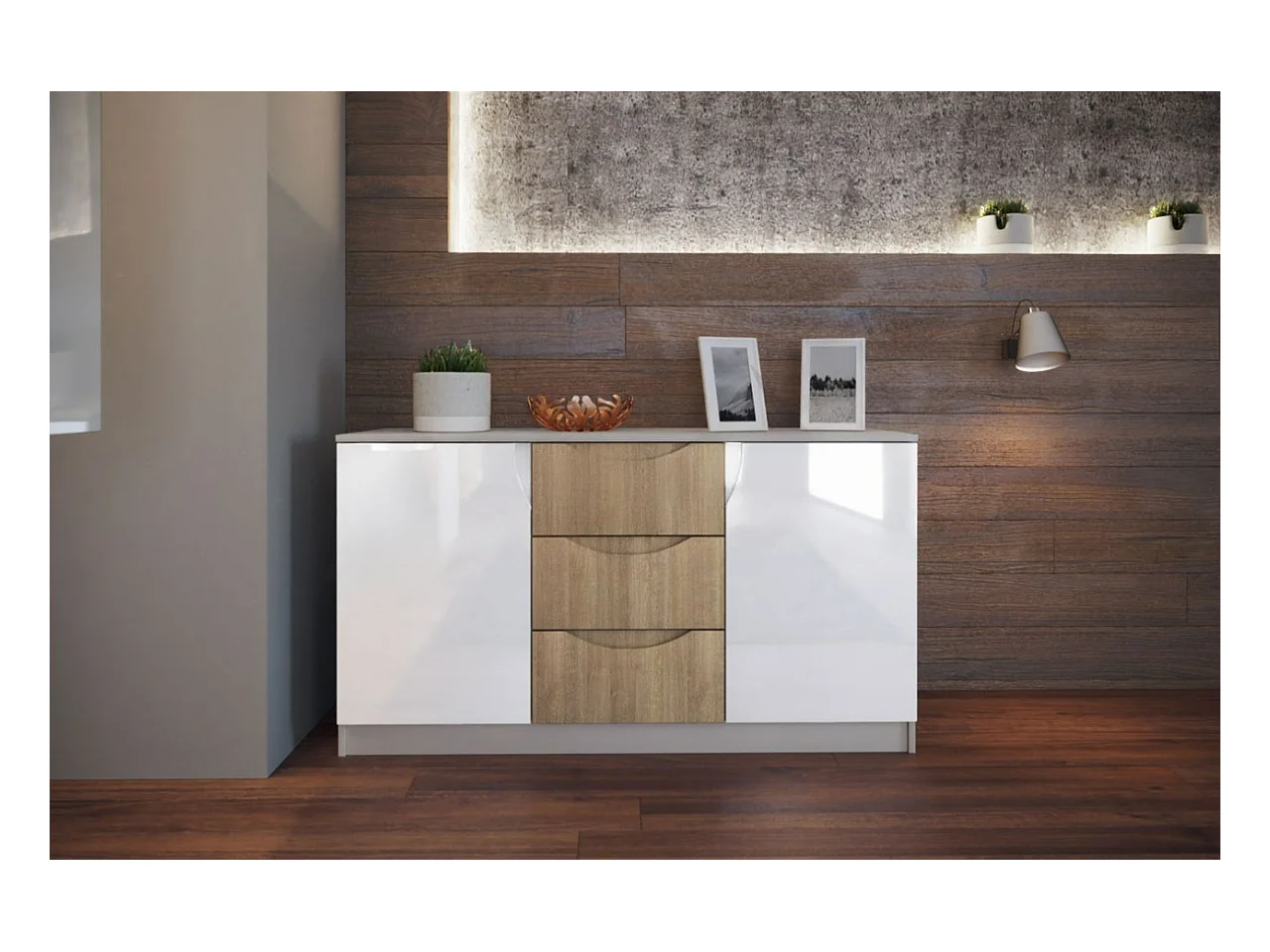Madia con due ante e tre cassetti per cucina o ingresso MI9 135x75 bianco lucido e rovere grigio