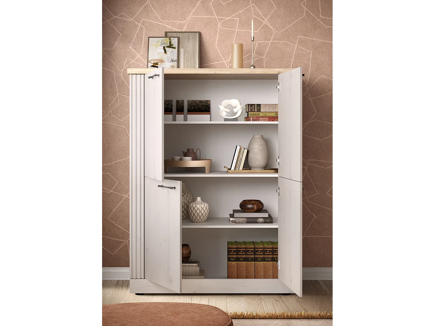 Mobile contenitore con 4 ante 118x160 cm bianco effetto legno e rovere MCL19